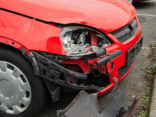 Ein rotes Auto nach einem Unfall auf der Beifahrerseite, Wuppertal, Deutschland