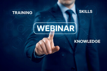 Obraz premium Man touching futuristic webinar interface with training skills and knowledge technology