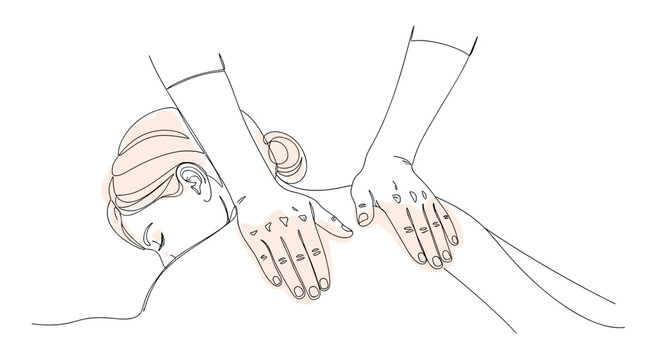 Massage therapist giving a back massage with hands in spa -  one line doodle drawing with watercolor fill, minimalistic vector illustration on white background.