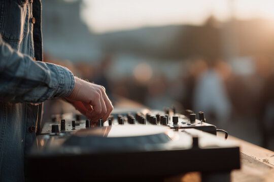 dj enthusiastically playing at console with bright musical instrument cheerful expression