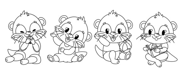 Four cute cartoon otters in various playful poses. Each otter has a distinct expression and is engaged in different activities, showcasing their playful nature.