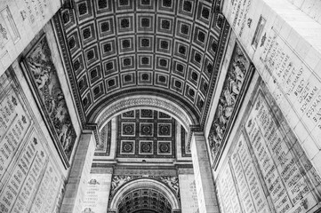 The Arc de Triomphe in Paris, France. Black and white photo.