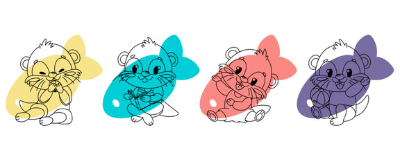 Four cute cartoon otters in different playful poses on the background of four colorful fish, each in different colors: yellow, blue, red and purple. Each otter has a different facial expression and is
