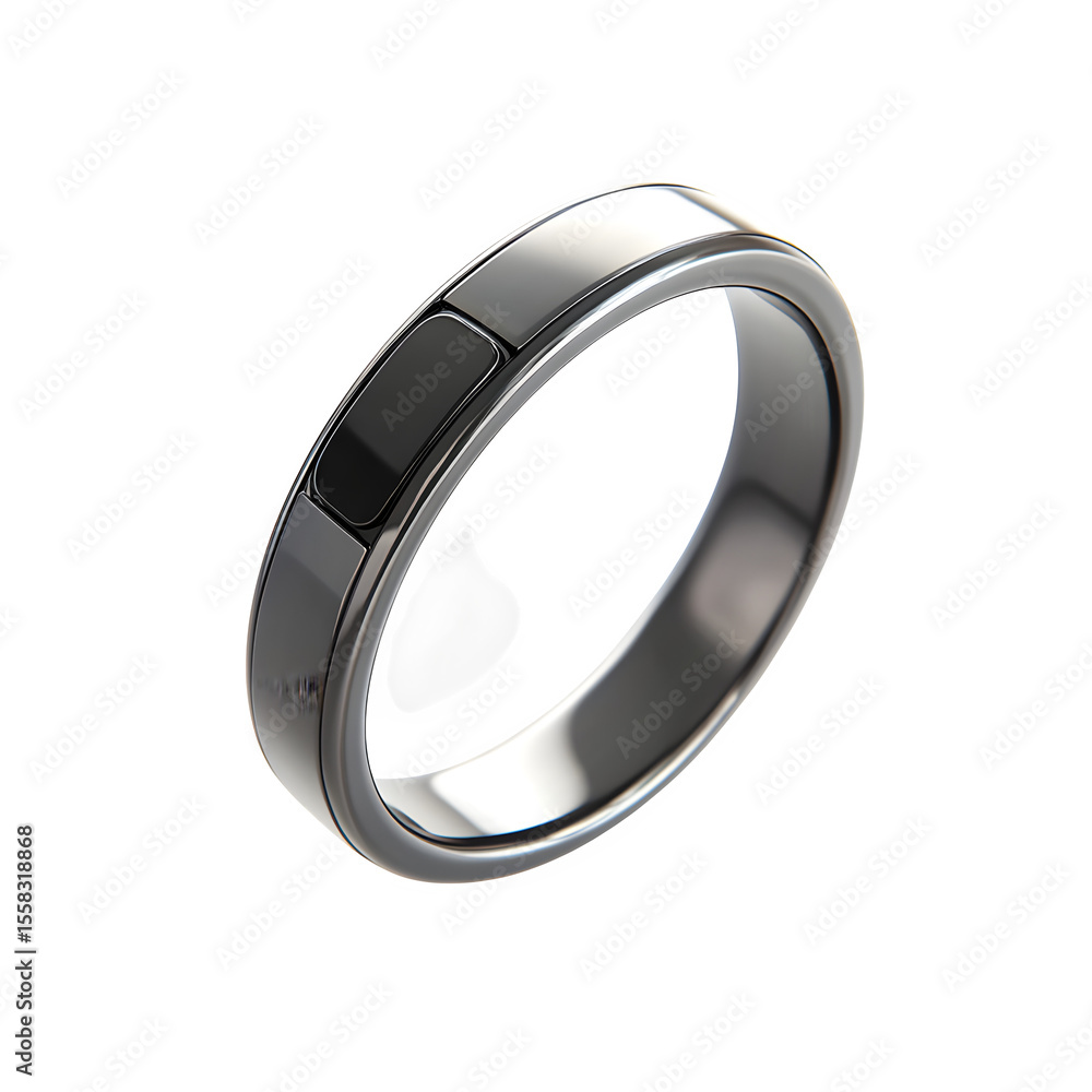 Poster hyper realistic smart ring polished titanium band hidden sensors, isolated pure white background sub