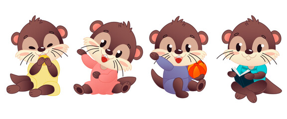 Four cute cartoon otters in different poses. Each otter has a unique color outfit and is engaged in playful activities with various objects.