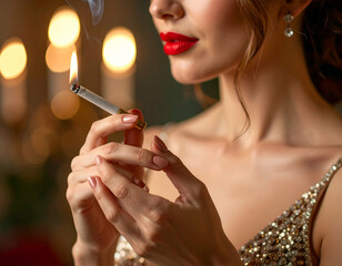 elegant woman with red lips holding cigarette holder, vintage style, soft shadows