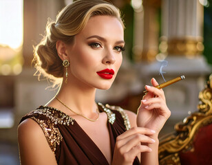elegant woman with red lips holding cigarette holder, vintage style, soft shadows