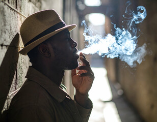 man smoking alone in a dark alley, smoke rising into the air, strong shadow on wall