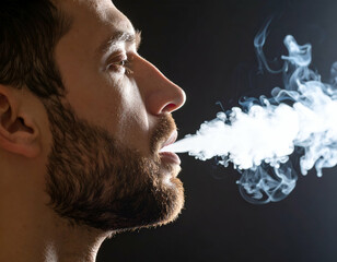 profile of person exhaling smoke in silhouette, soft backlight revealing smoke texture