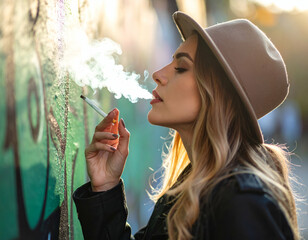 woman leaning on graffiti wall smoking cigarette, street fashion, early morning light