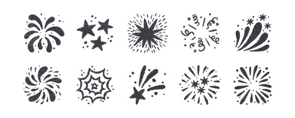Crayon doodle firework symbol. Hand drawn firework pencil sketch. Chalk magic sparkle. Crayon texture starburst. Vector illustration on white background.