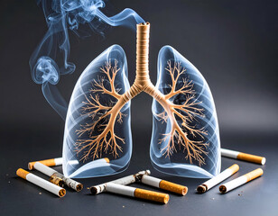 X-ray style image of lungs filled with smoke, glowing cigarettes around, dark medical theme 