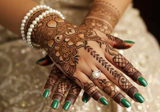 Intricate henna designs adorn hands with pearl bracelet and green nails