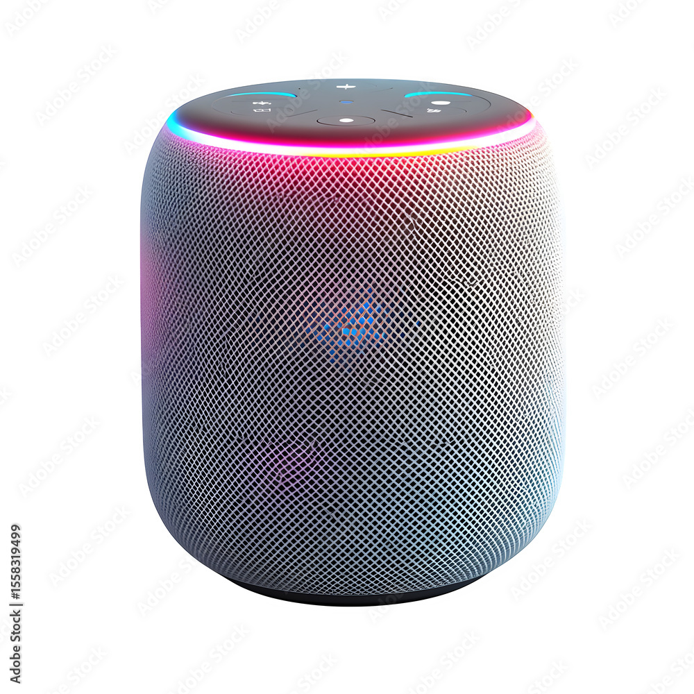 Aufkleber hyper realistic smart home assistant speaker glowing led ring, isolated pure white background subtle