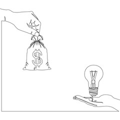 Continuous one single line drawing Money and Ideas Hands Holding Dollar Bag and Light Bulb icon vector illustration concept