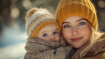 mother cuddling and protecting baby in soft natural light, warm family moment 