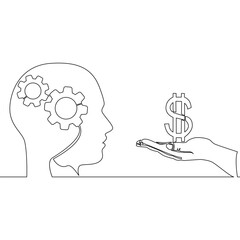 Continuous one single line drawing Mind and Money Silhouette Head with Gears Facing Dollar Symbol in Hand icon vector illustration concept