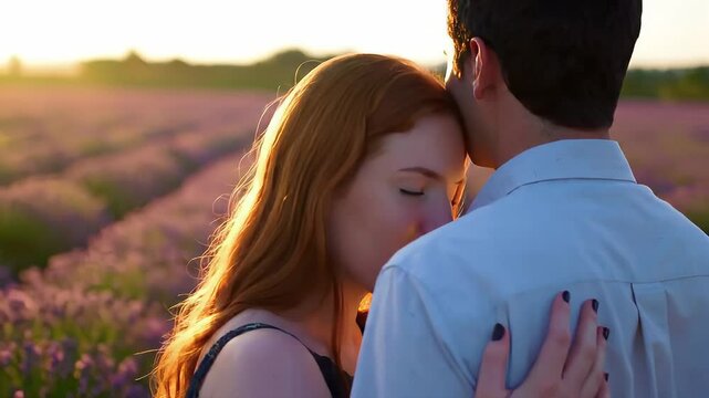 Close-up of a redhaired woman with closed eyes, gently leaning into her partner's embrace in a blooming lavender field at golden hour