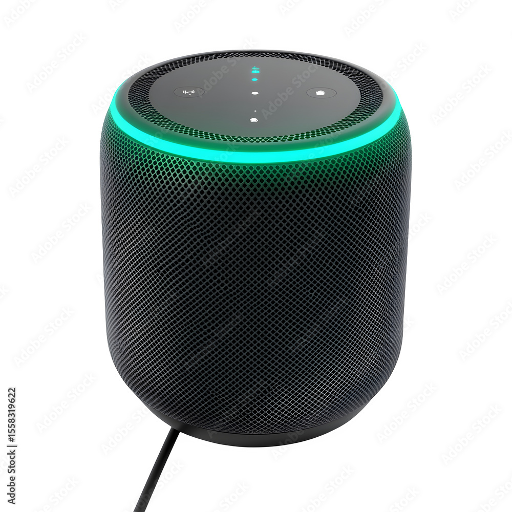 Aufkleber hyper realistic smart home assistant speaker glowing led ring, isolated pure white background subtle