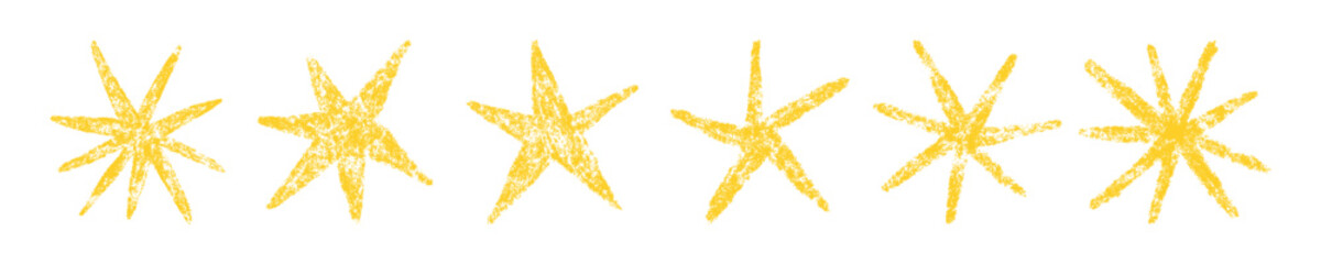 Crayon star drawing. Doodle chalk star symbol. Hand drawn childish pastel design element. Crayon texture shine. Pencil sketch twinkle icon. Vector illustration on white background.
