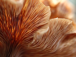 Close up view of the gills of a mushroom with a soft brown color and intricate detailed patterns