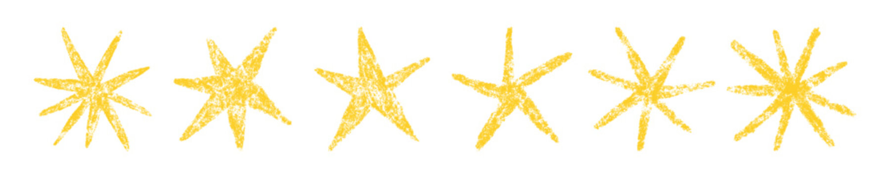 Crayon star drawing. Doodle chalk star symbol. Hand drawn childish pastel design element. Crayon texture shine. Pencil sketch twinkle icon. Vector illustration on white background.