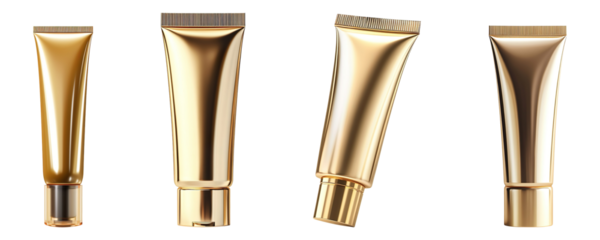A collection of golden cosmetic tubes isolated on a transparent background