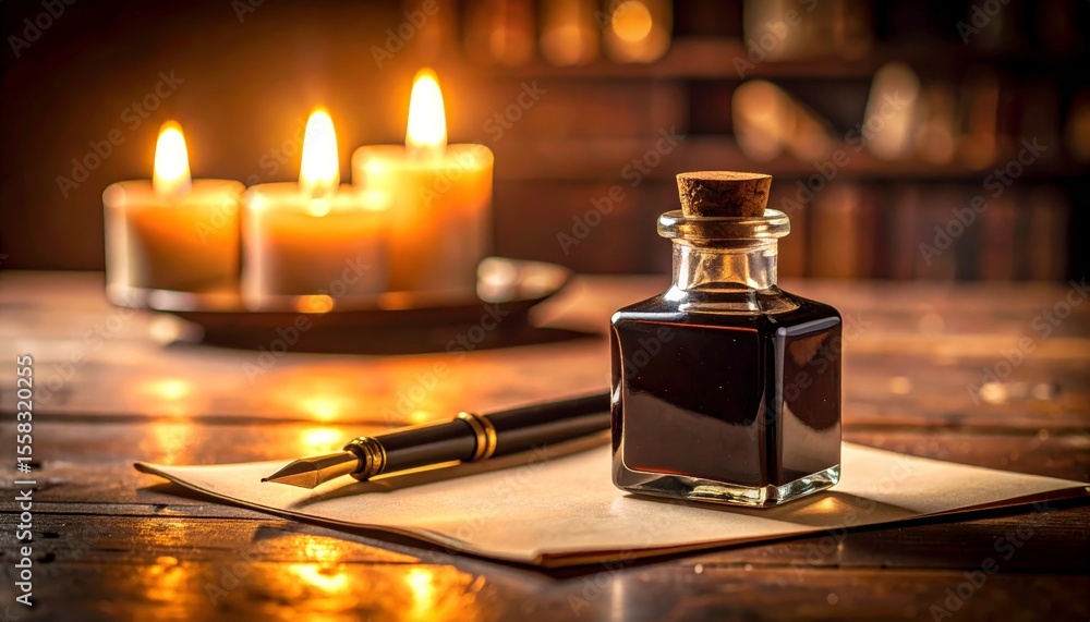 Poster elegant ink bottle with quill and candles on rustic table setting