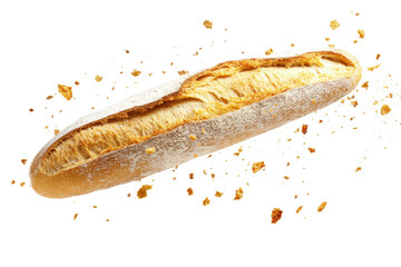 Freshly baked baguette surrounded by floating crumbs set against a white background, showcasing its texture and deliciousness in an appetizing display