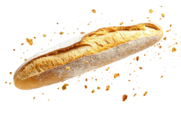Freshly baked baguette surrounded by floating crumbs set against a white background, showcasing its texture and deliciousness in an appetizing display