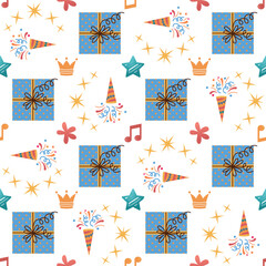 Seamless vector pattern with festive gift boxes, poppers and music notes. Perfect for festive wrapping paper, textiles and party decor. Christmas, New Year, Birthday themes.