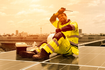 Hot tired worker working outdoor in dangerous place feel over heat summer sun burning dehydration