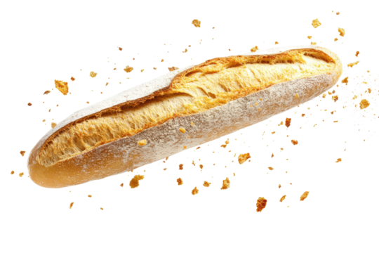 Freshly baked baguette surrounded by floating crumbs set against a white background, showcasing its texture and deliciousness in an appetizing display