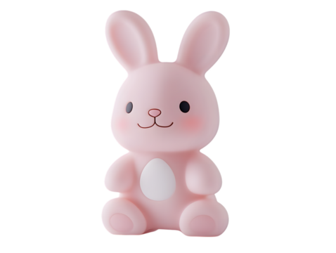 Cute pink bunny figurine with blush cheeks isolated on transparent background