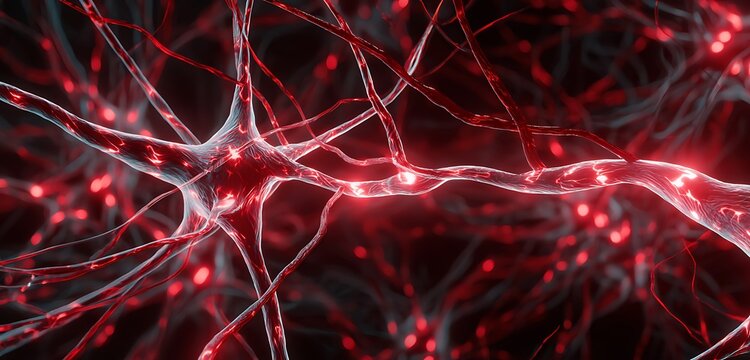 Close up view of interconnected red nerve cells with glowing spots on a dark background