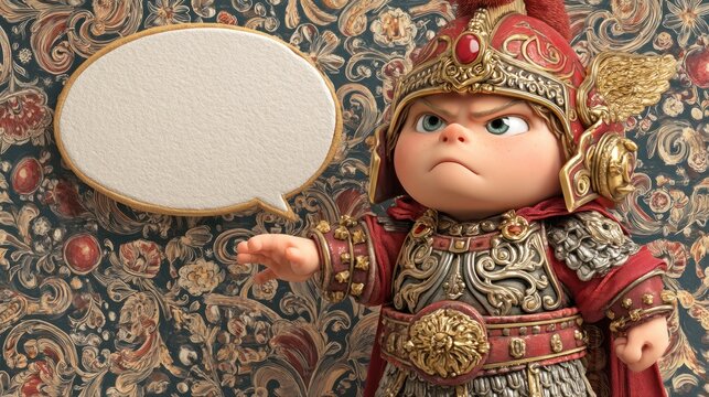 Heroic military cartoon figure in ornate uniform with blank speech bubble, crafted in high-resolution digital painting for commercial use