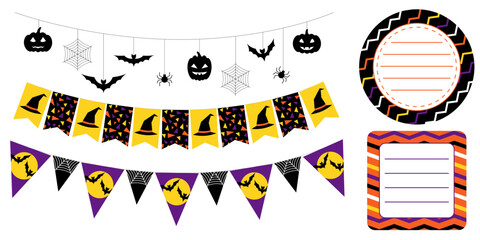 Cute Halloween themed garlands and sticker shapes in black orange purple and yellow. Round rectangular and square labels for party invitations scrapbook packaging and festive illustration use.