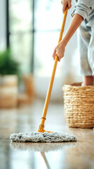 Close-up of a child mopping a tiled floor.  A young person's hands grip a yellow mop handle, light grey mop head sweeping the shiny floor.  A woven basket sits beside them