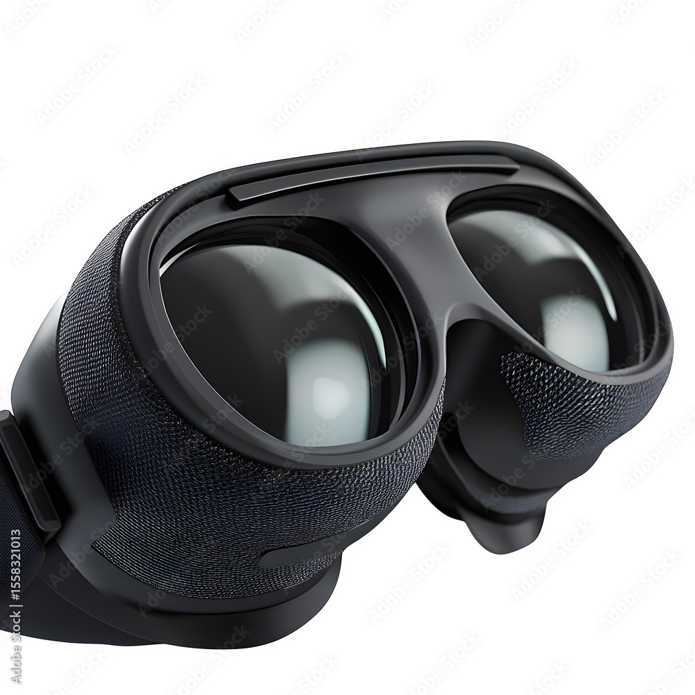 Poster hyper realistic macro close up vr headset s textured, grip lens edges isolated pure white background