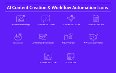 Simple Vector Outline Icon Set of AI Content Generation and Workflow Automation Tools - Image, Video, Audio, Text, and Task Management. 