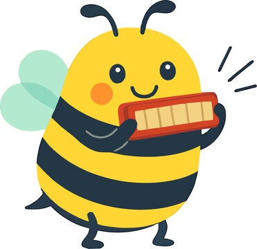 cute cartoon bee playing harmonica with musical notes and expressive face for kids vector insect illustration