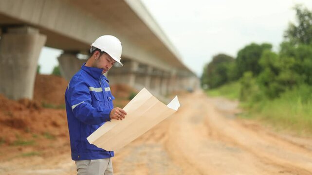 inspector or engineer is inspecting construction and quality assurance new house using a blue print. Engineer or architects or contactor work to build the house before handing it over to the homeowner