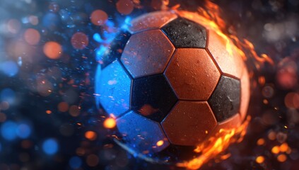 Striking Soccer Ball with Fiery and Icy Aura