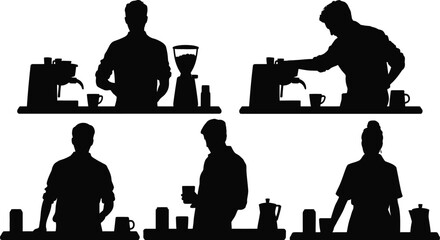 Silhouettes of baristas preparing coffee with machines and equipment