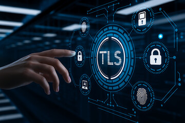 TLS, SSL, encryption, cybersecurity, digital security, secure interface, hand pointing, encryption key, padlock icon, firewall, network protection, cloud security, secure communication, data protectio