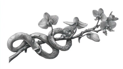 A snake intertwined with an orchid branch