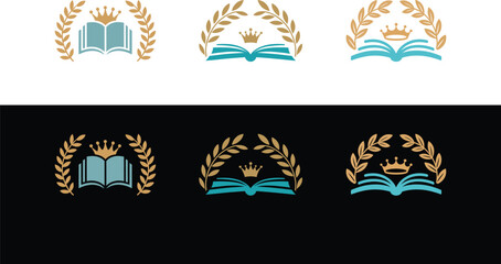 Elegant book crown and laurel wreath logos education knowledge learning and success