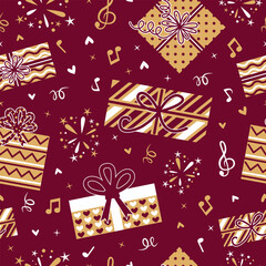 Vector seamless festive pattern with gift boxes, confetti, stars and musical notes on a burgundy background. Ideal for festive wallpapers, wrapping paper and textiles.