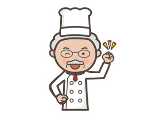 ガッツポーズでやる気満々なベテラン男性コックさんの上半身イラスト