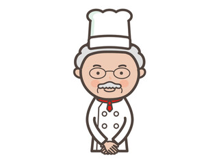 接客ポーズで出迎えるベテラン男性コックさんの上半身イラスト